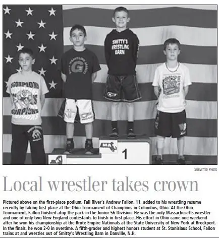 Herald News article - Local wrestler takes crown - Fall River's Andrew Fallon wins Ohio Tournament of Champions in Columbus Ohio as youth wrestler