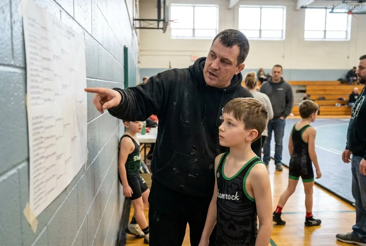 Coach walking a young Shamrock wrestler through the bracket sheet at a youth wrestling tournament in southeastern Massachusetts (AI generated image)