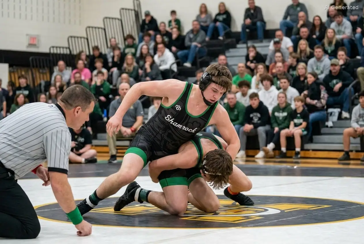High school wrestler in top position during a folkstyle dual meet in a packed gym near Fall River MA (AI generated image)