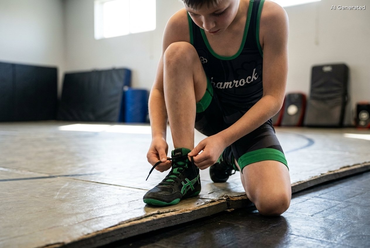 Youth wrestler kneeling at the mat edge tying his wrestling shoe laces before practice in Fall River MA (AI generated image)