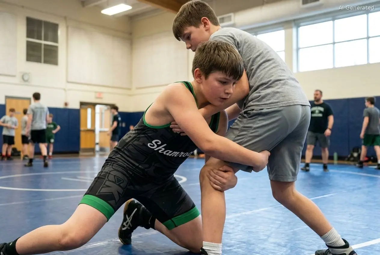 Middle school wrestlers drilling a double leg takedown at Shamrock Wrestling Club practice in Somerset MA (AI generated image)