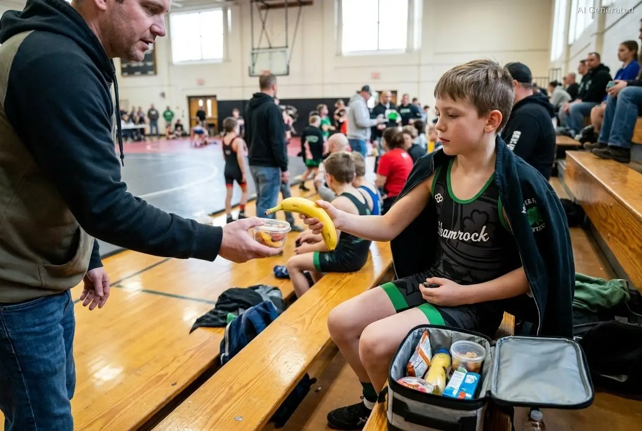 Parent handing a banana and fruit snack to a young wrestler between matches at a youth wrestling tournament (AI generated image)