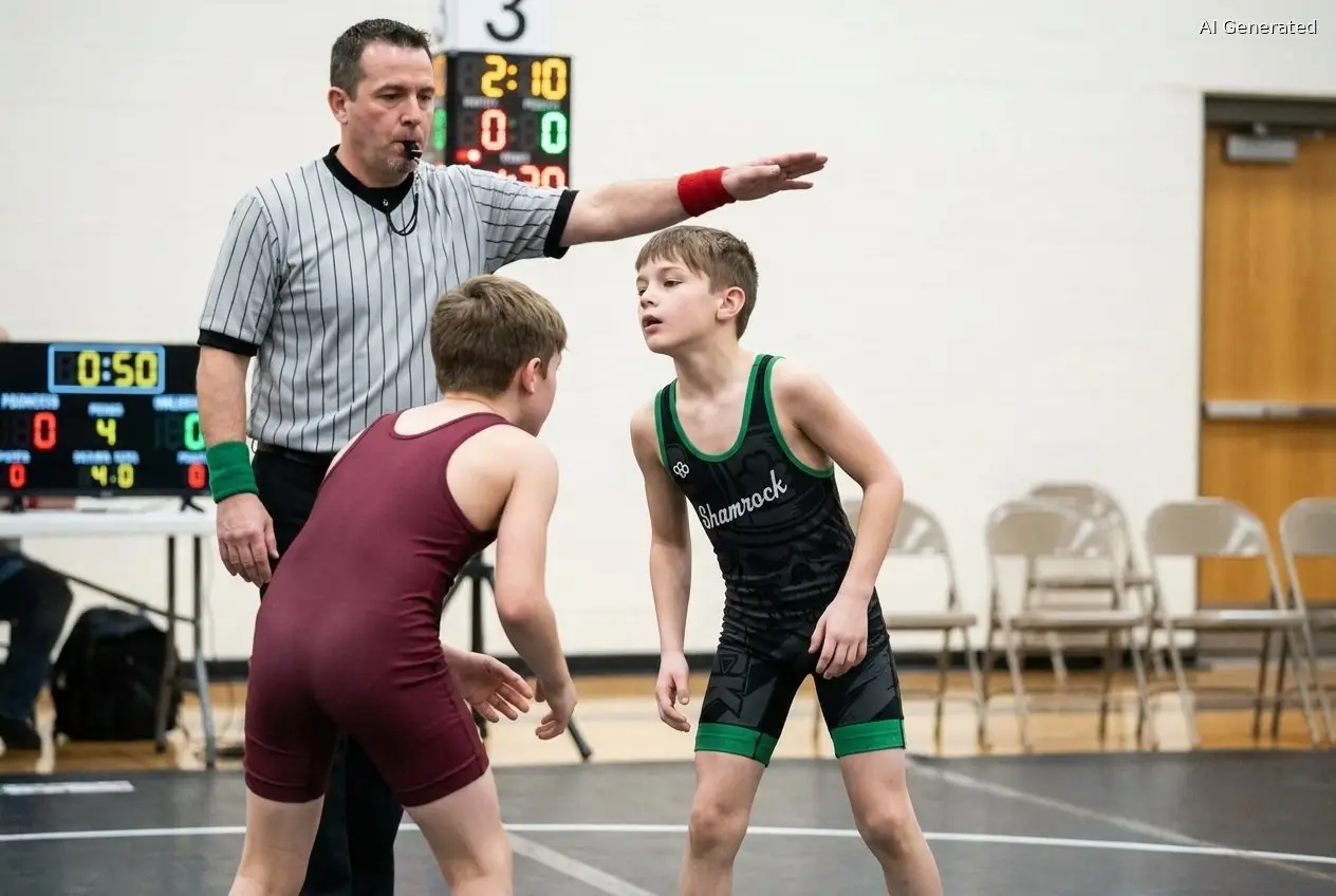 A wrestling referee blows the whistle to stop a youth match for a potentially dangerous hold (AI generated image)