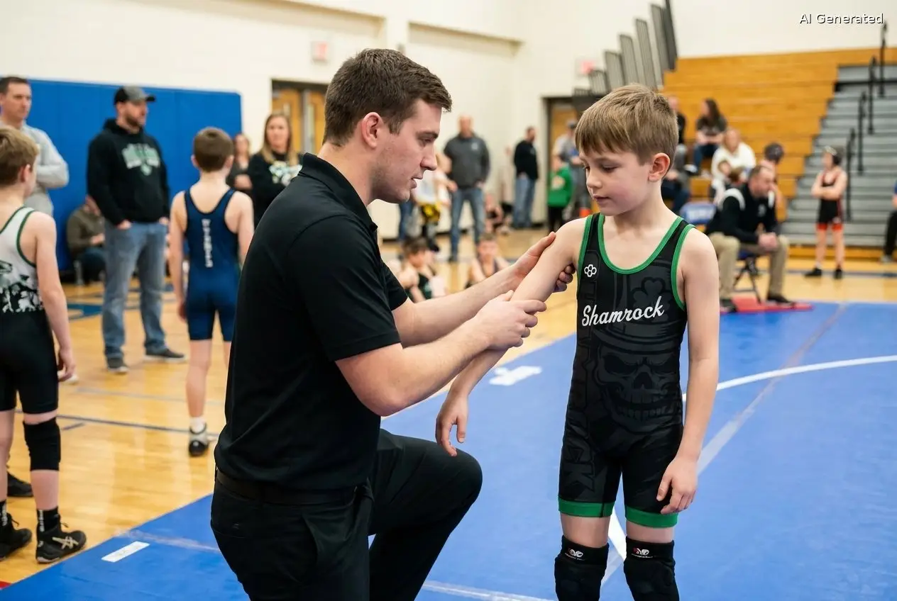 Shamrock Wrestling Club coach performing a skin check on a young wrestler before a tournament in Somerset MA (AI generated image)
