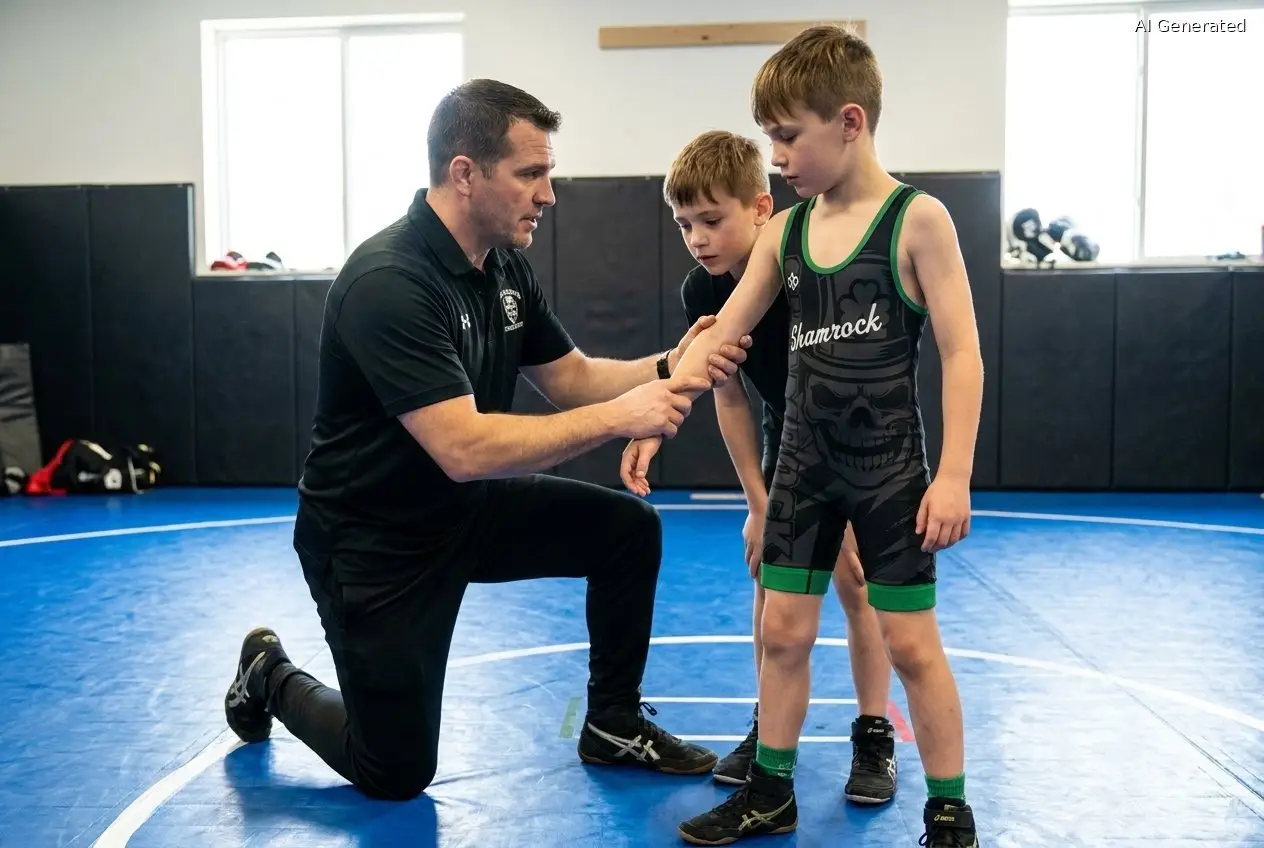 A Shamrock Wrestling Club coach shows a young wrestler safe, legal arm control during practice in Somerset MA (AI generated image)