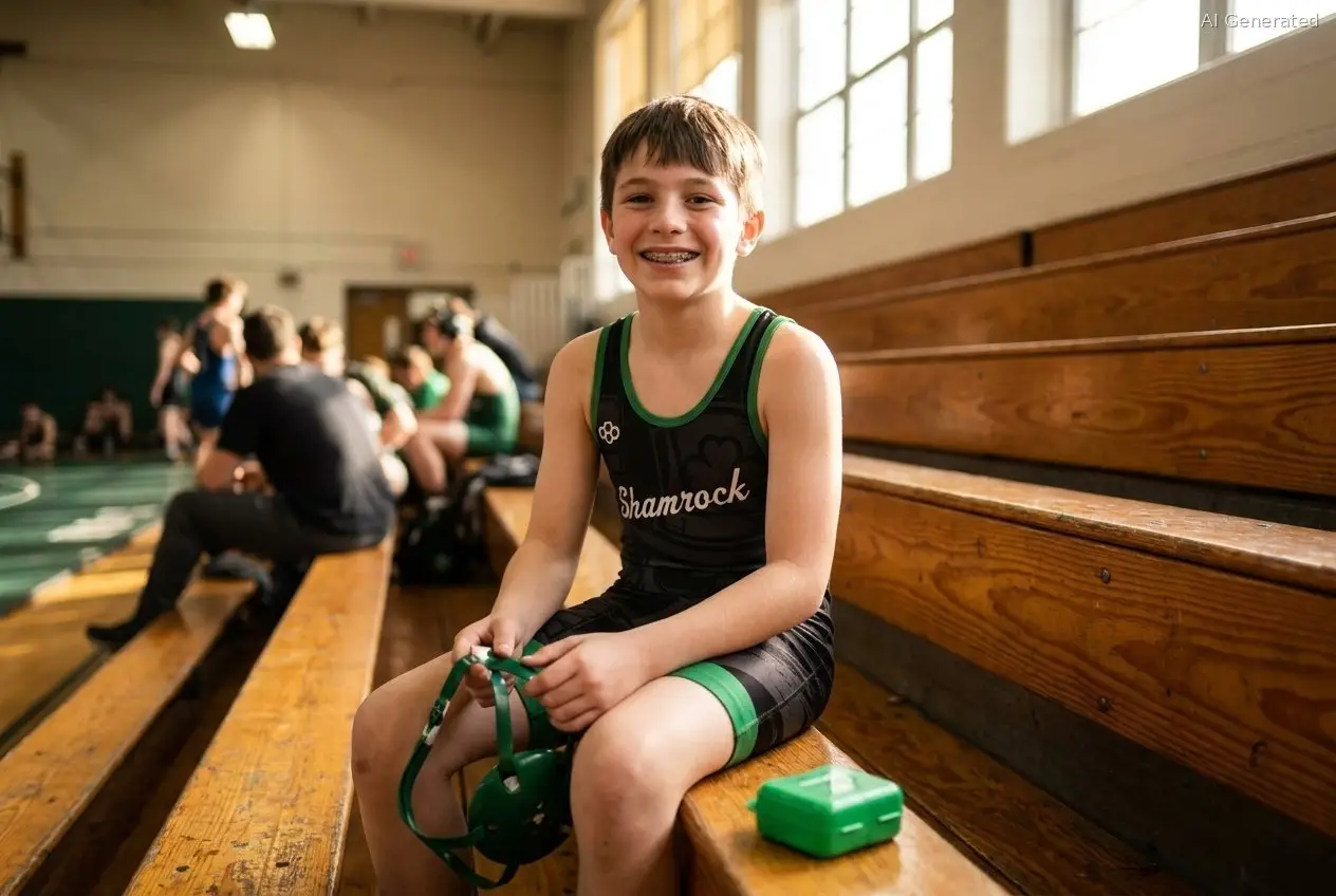 Young wrestler with braces holding headgear with an orthodontic mouthguard case at practice (AI generated image)
