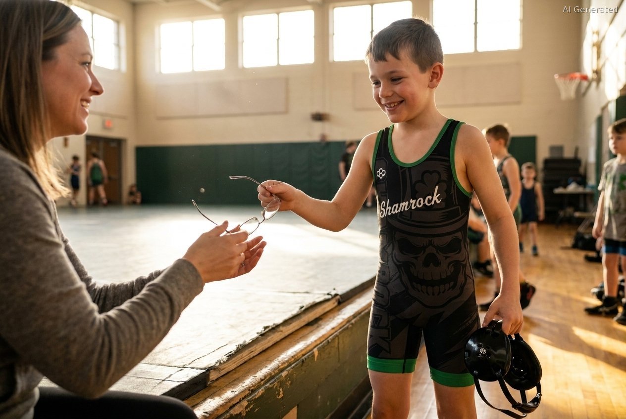 Young wrestler handing his glasses to his mom at the edge of the wrestling mat before practice