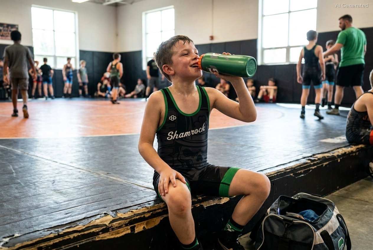 Young Shamrock wrestler drinking water during a practice break in Somerset MA