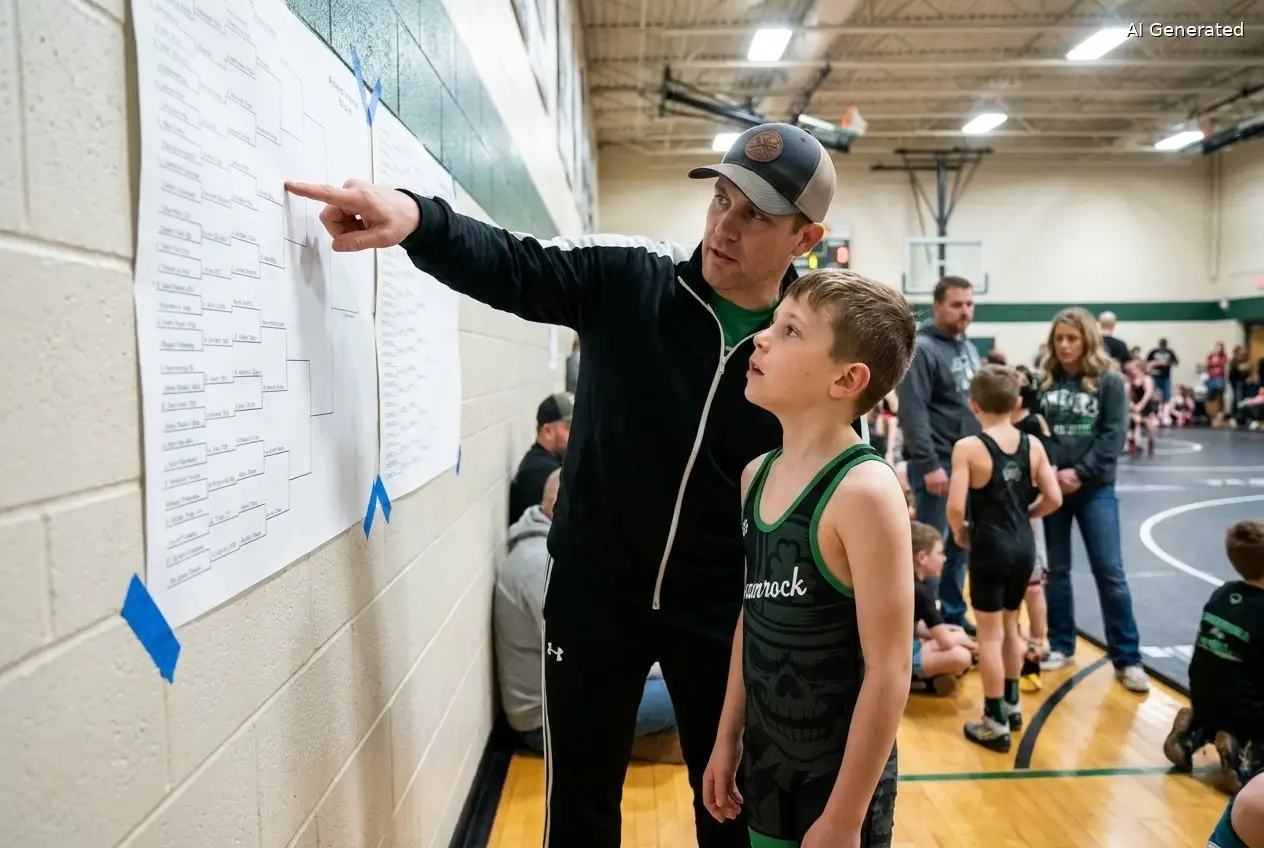 A youth wrestling coach shows a young Shamrock wrestler how to read the tournament bracket taped to the gym wall at a local youth wrestling event near Somerset and Fall River, MA (AI generated image)
