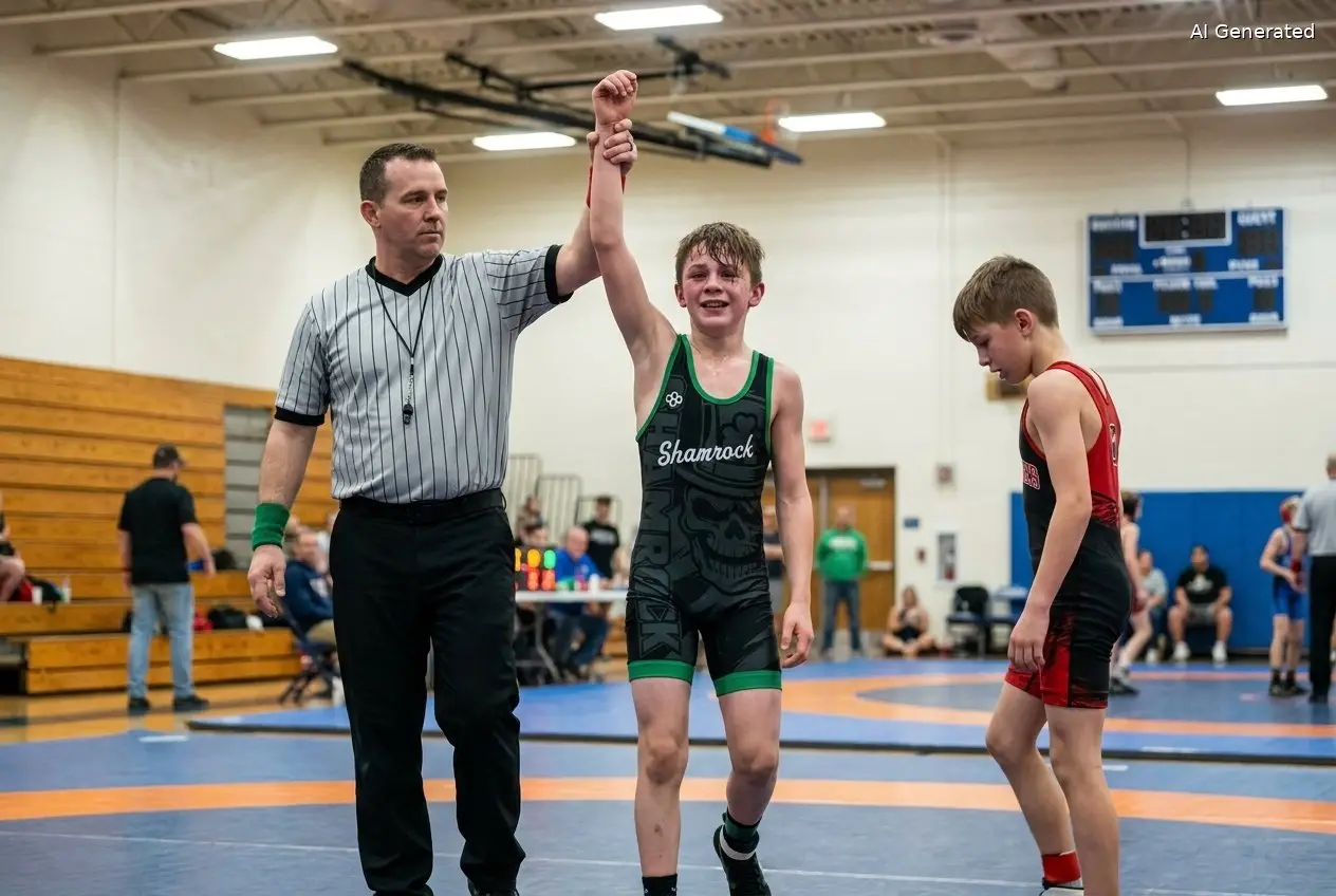 A referee raises the arm of a young Shamrock wrestler after a tournament win near Somerset and Fall River, MA (AI generated image)