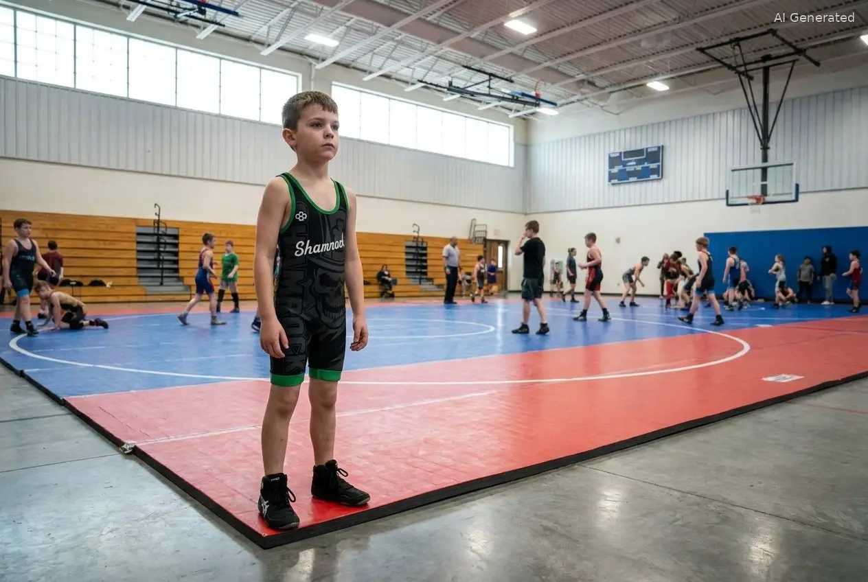 Young Shamrock Wrestling Club wrestler in a black and green singlet standing at the edge of a wrestling mat in a Somerset MA school gym (AI generated image)