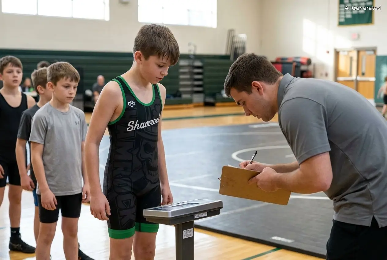 Young Shamrock wrestler stepping on the scale at a youth wrestling tournament weigh-in in southeastern Massachusetts (AI generated image)