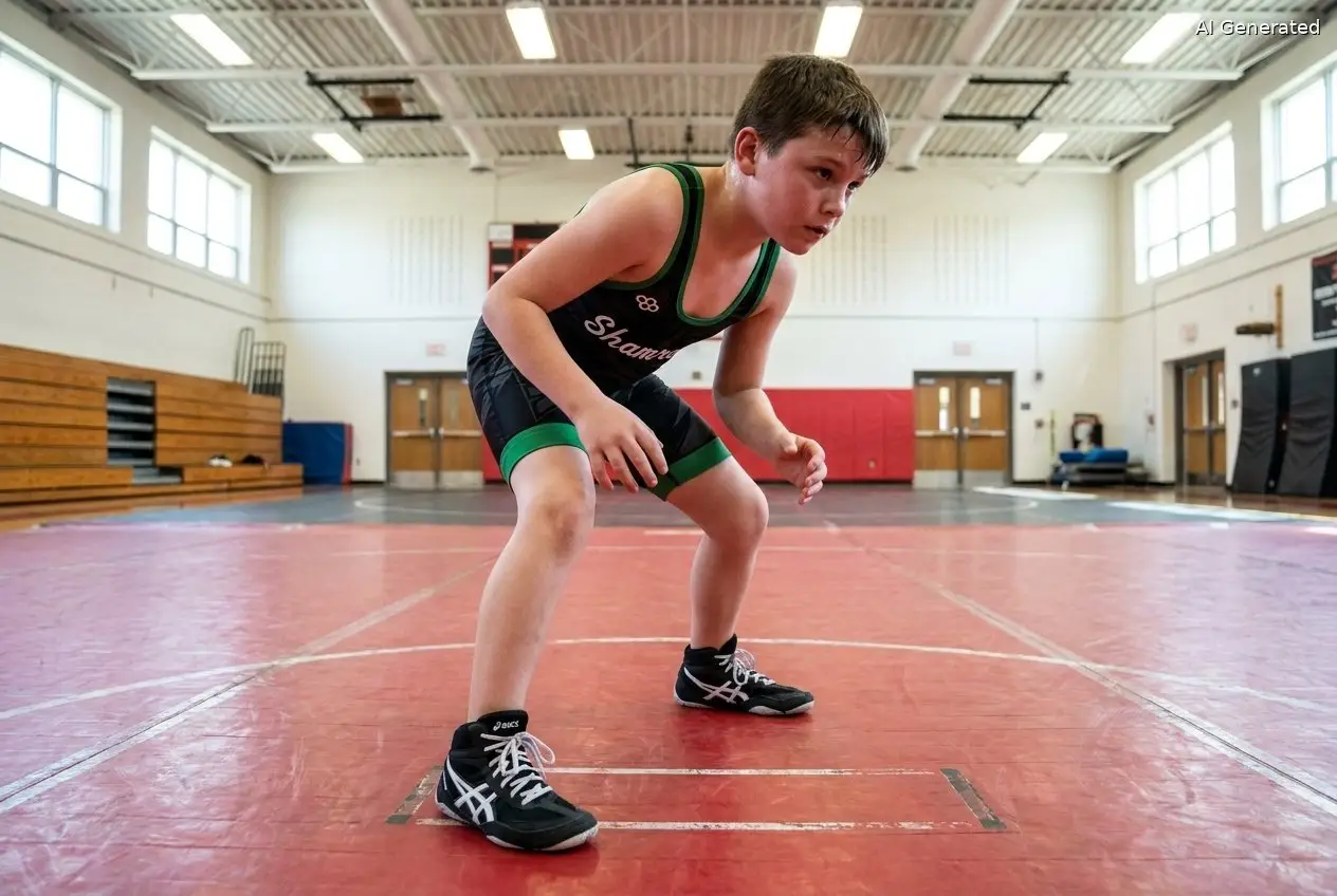 Young wrestler in a Shamrock singlet and black wrestling shoes holding a folkstyle stance on the mat in Somerset MA (AI generated image)