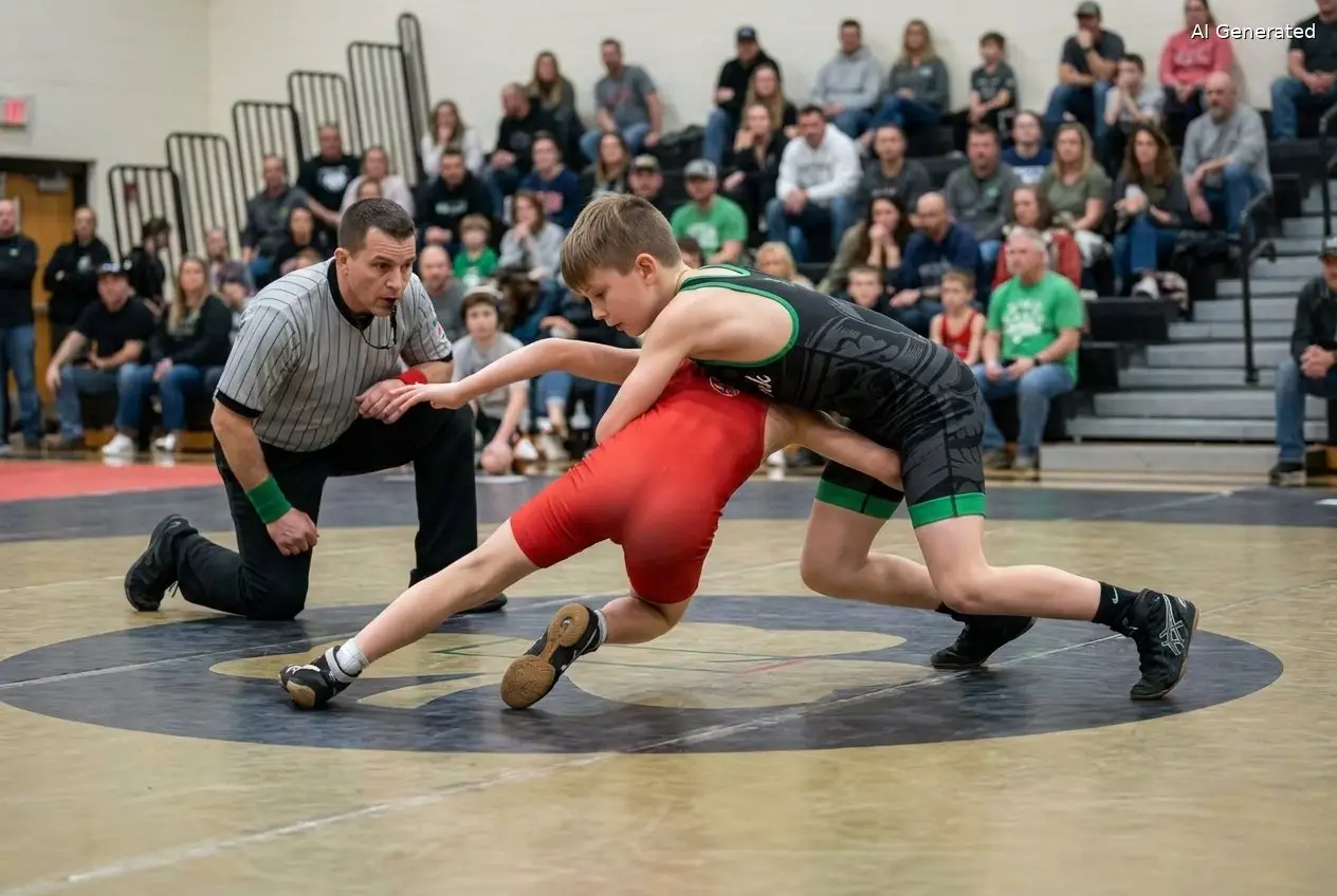 A young Shamrock wrestler shoots a double-leg takedown during a folkstyle match at a youth wrestling tournament in southeastern Massachusetts (AI generated image)