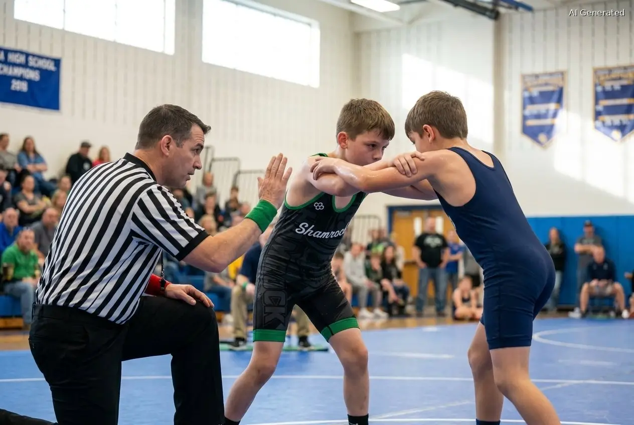 A referee kneels mat-side watching two youth wrestlers in a legal tie-up at a scholastic tournament in southeastern Massachusetts (AI generated image)