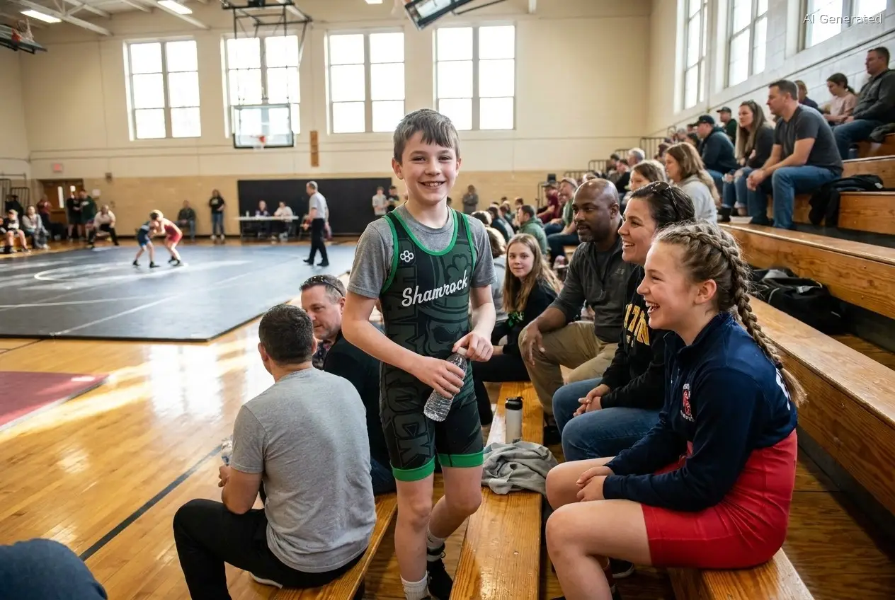 Young wrestlers and families enjoying a weekend youth wrestling tournament together in the stands (AI generated image)